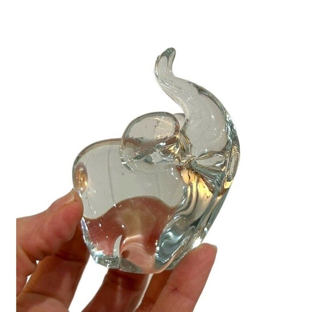 Vintage Clear Glass Elephant Figurine Paperweight Hand Blown Trunk Up Bullicante